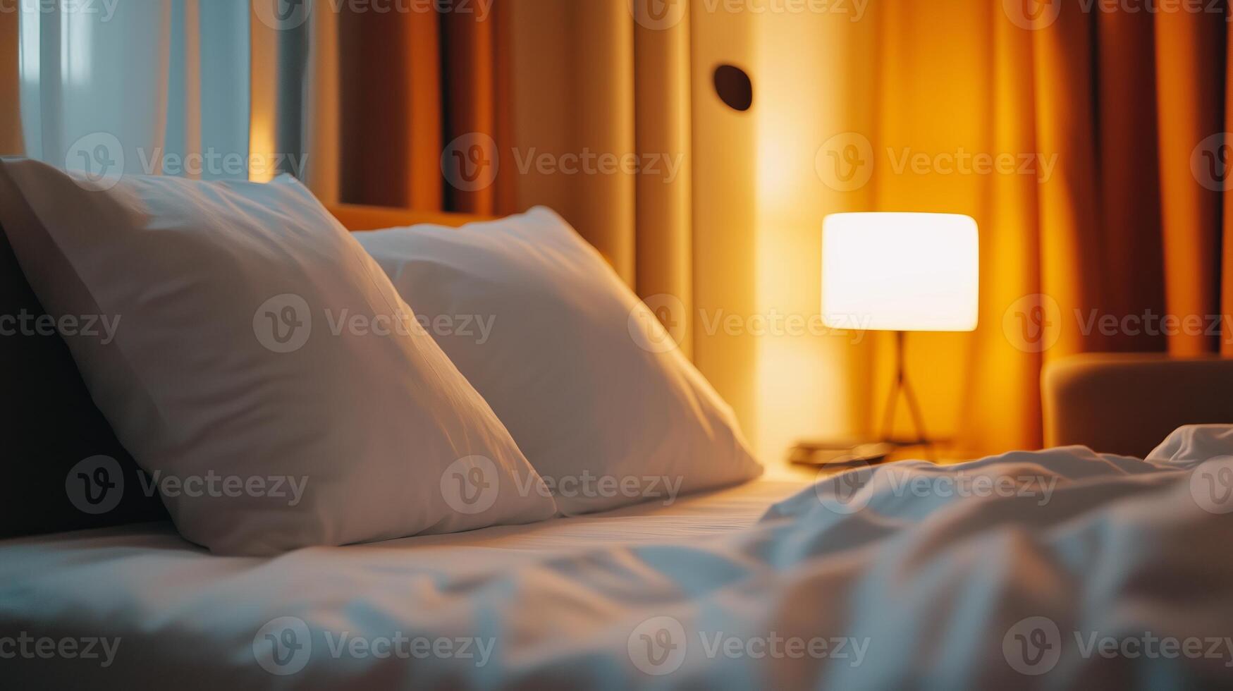 Cozy bedroom with a neatly made bed and warm ambient lighting in a softly illuminated room during evening hours photo