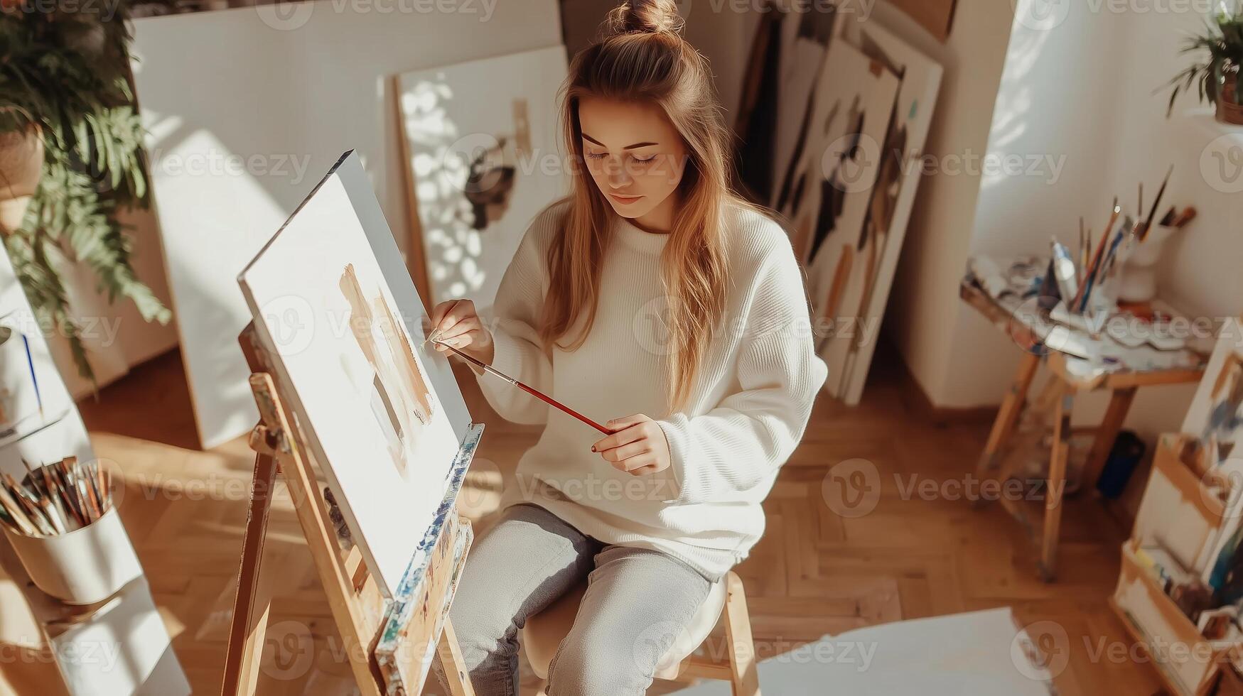 Young woman painting on an easel in a sunlit art studio filled with canvases, brushes, and creative materials during the afternoon photo
