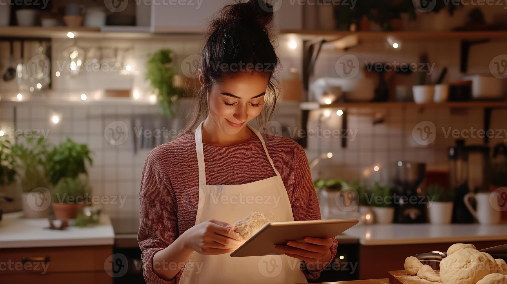 A woman cooks in a cozy kitchen illuminated by string lights while reading a recipe on a tablet in the evening photo