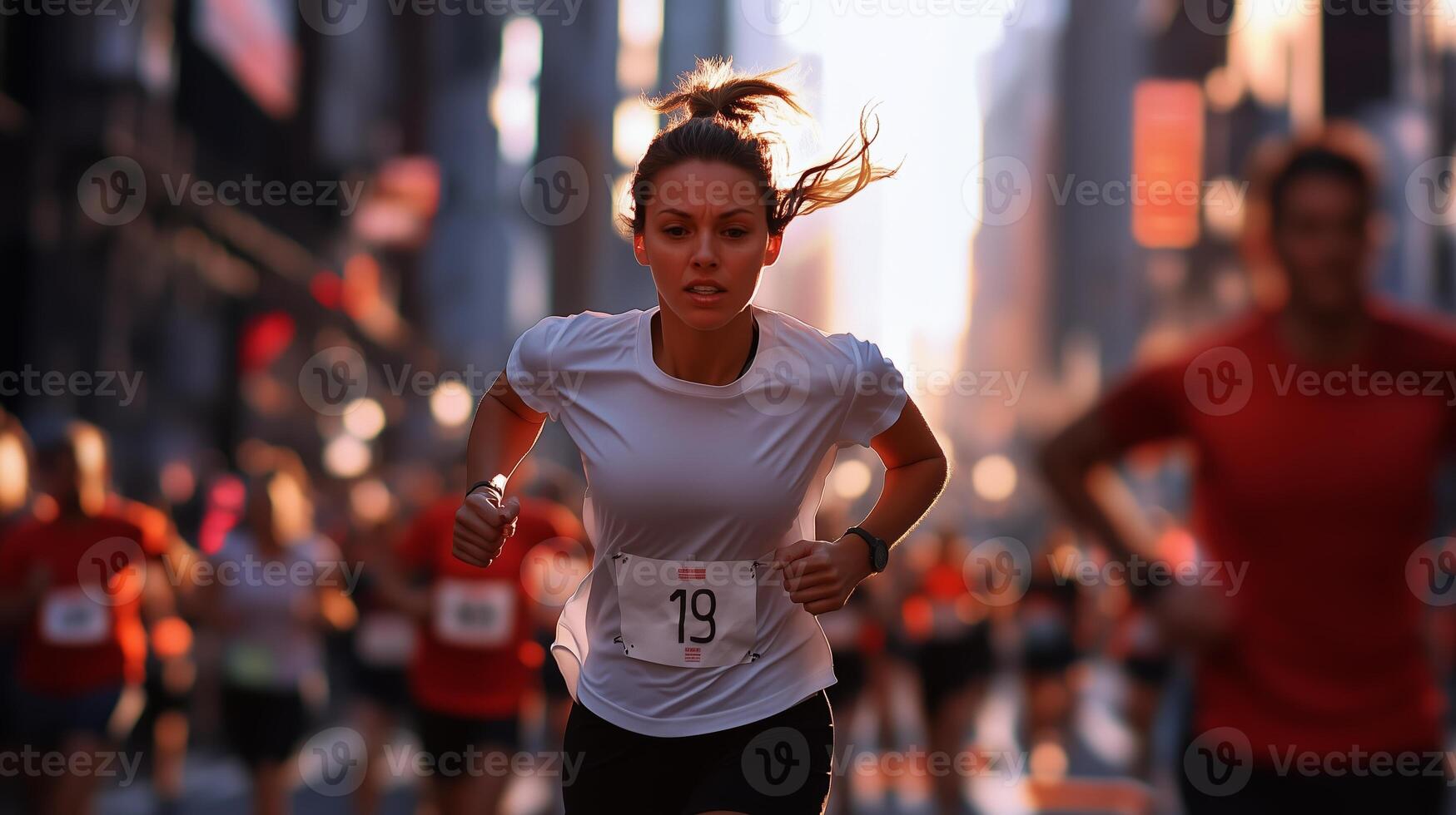 Runner competing in a city marathon during sunset in a bustling urban environment with other participants in the background photo
