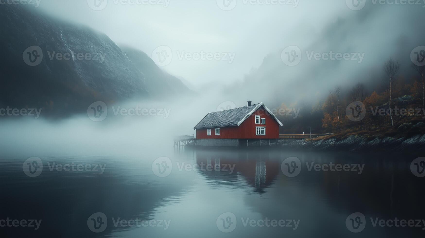A serene red cabin nestled by tranquil waters surrounded by misty mountains at dawn photo