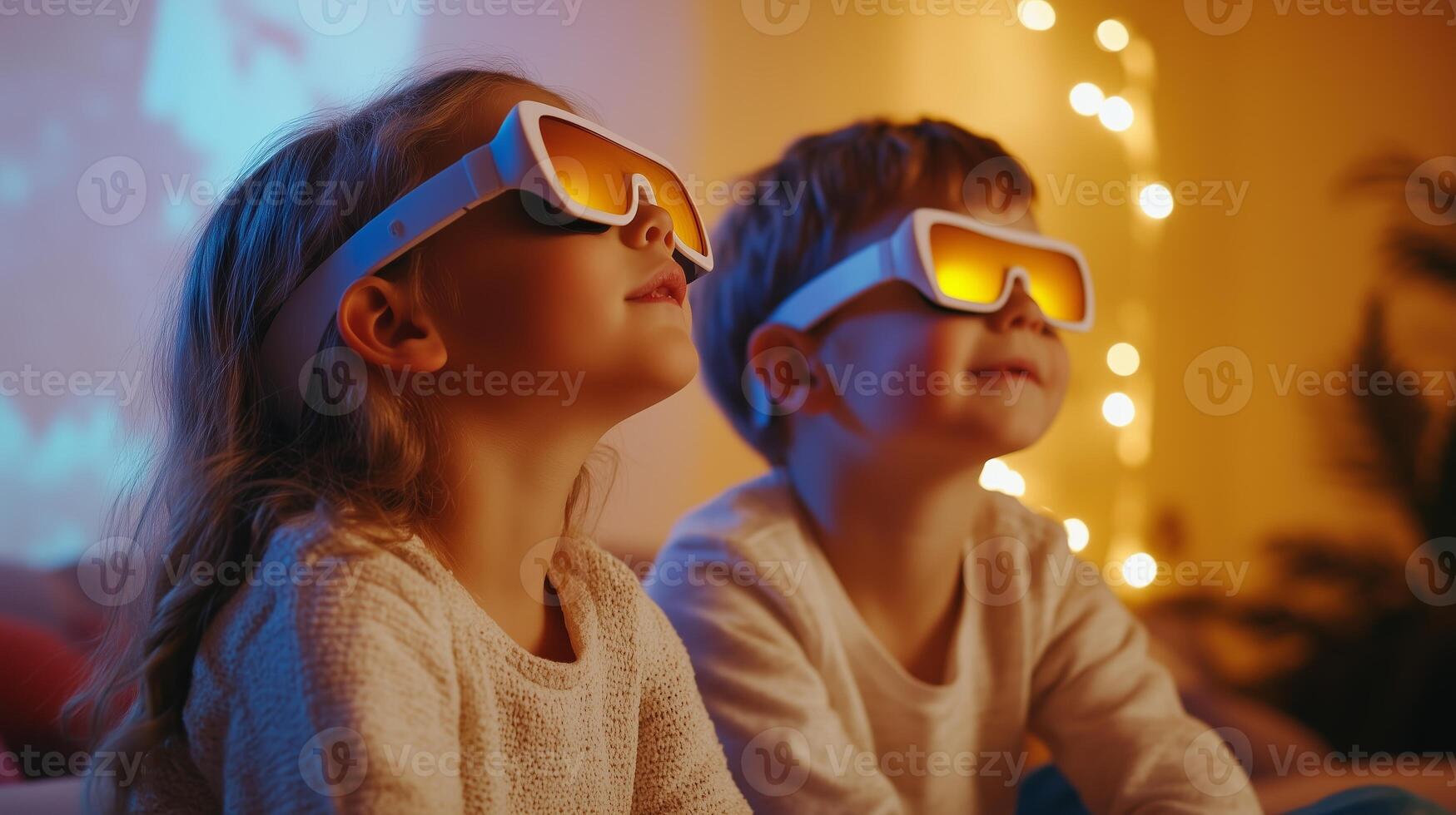 Children enjoying a movie night while wearing 3D glasses indoors, surrounded by warm lighting and cozy decorations photo