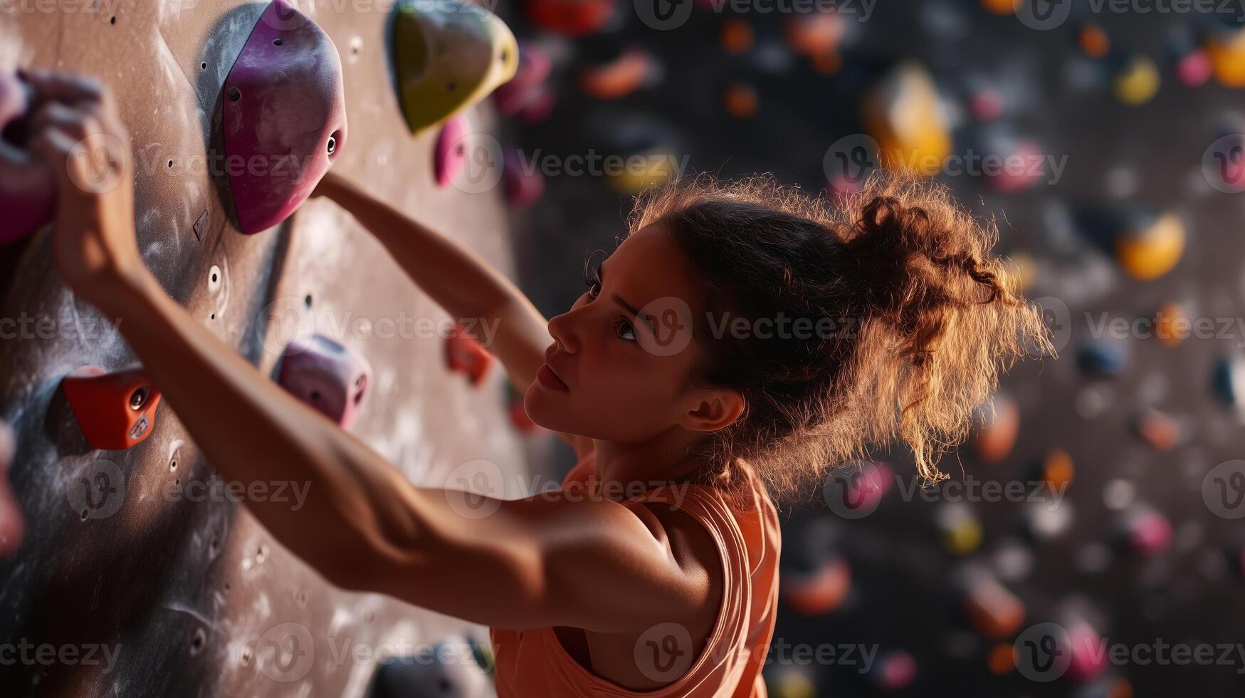A young woman climbs a colorful bouldering wall indoors in the evening, showcasing skill and determination in her sport photo
