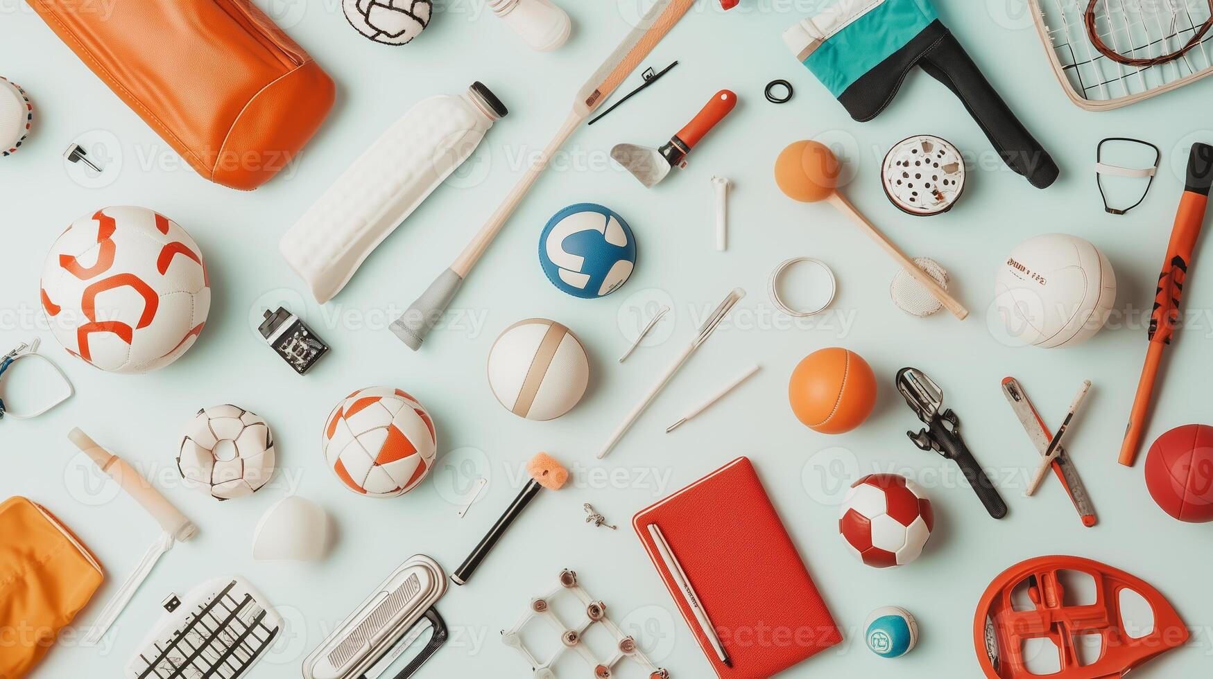 A vibrant assortment of sports equipment arranged neatly on a turquoise background showcasing various activities and tools photo