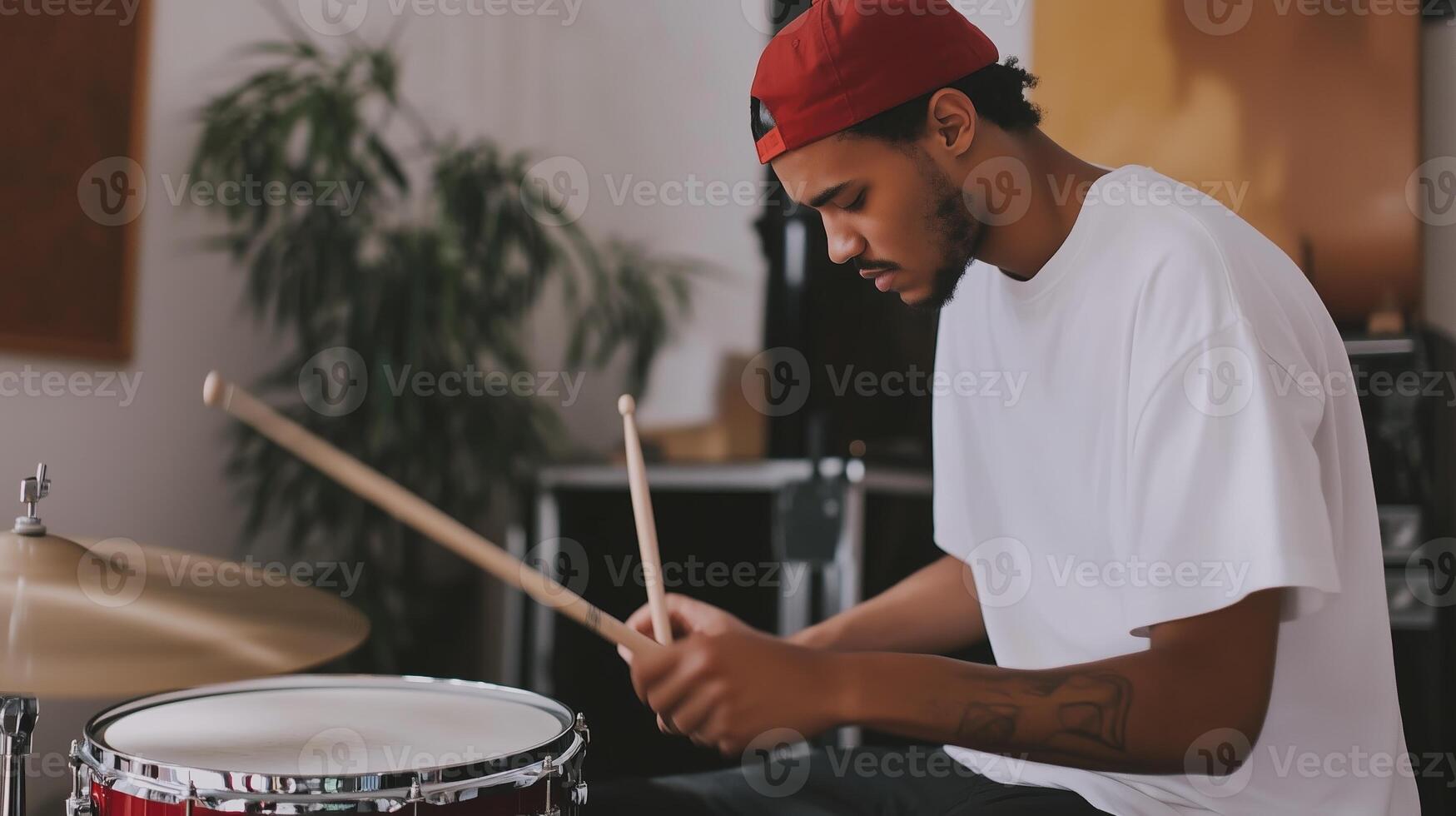 Young man drumming with focus in a cozy music studio during daylight hours photo