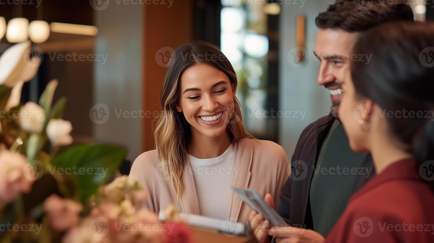 Friends enjoying a conversation while checking in at a chic hotel lobby during a sunny afternoon photo