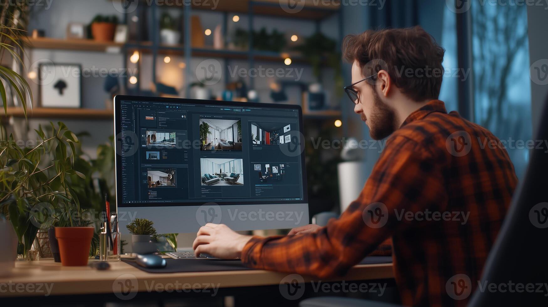 A young man working on digital design projects at his home office with plants and decorations on a rainy afternoon photo