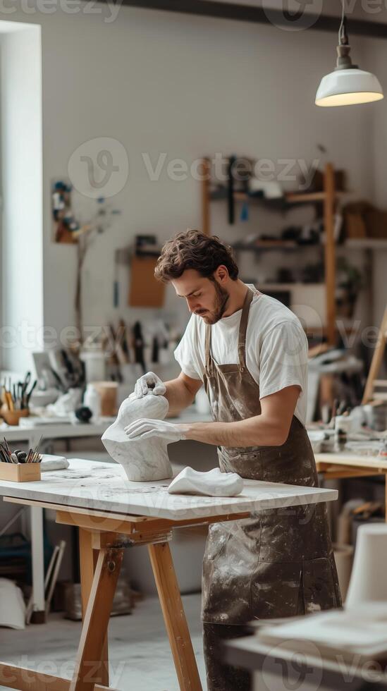 A sculptor working diligently in a bright, well-equipped studio focusing on a clay model in the morning light photo