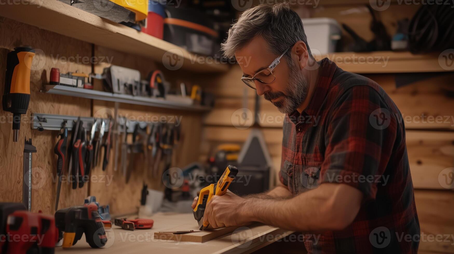 Craftsman working diligently in a cozy woodshop, using a cordless drill to shape wood on a sunny afternoon photo