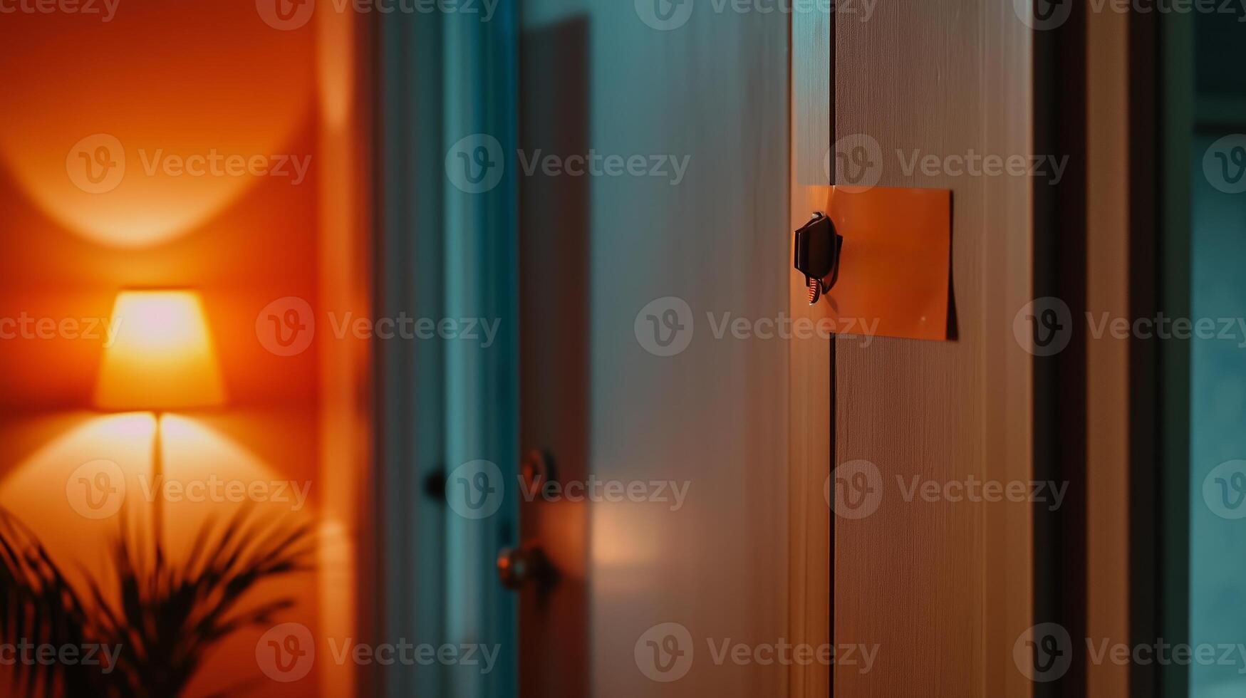 A cozy hallway with warm lighting and a decorative door sign at dusk in a modern home setting photo
