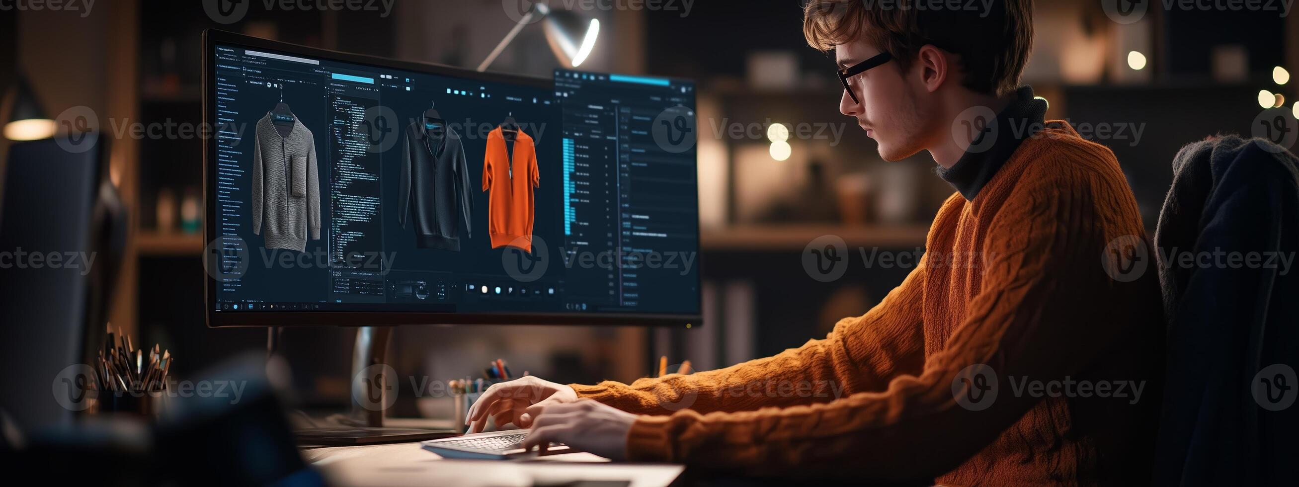 Young designer working on digital apparel mockups in a dimly lit studio during the evening hours photo
