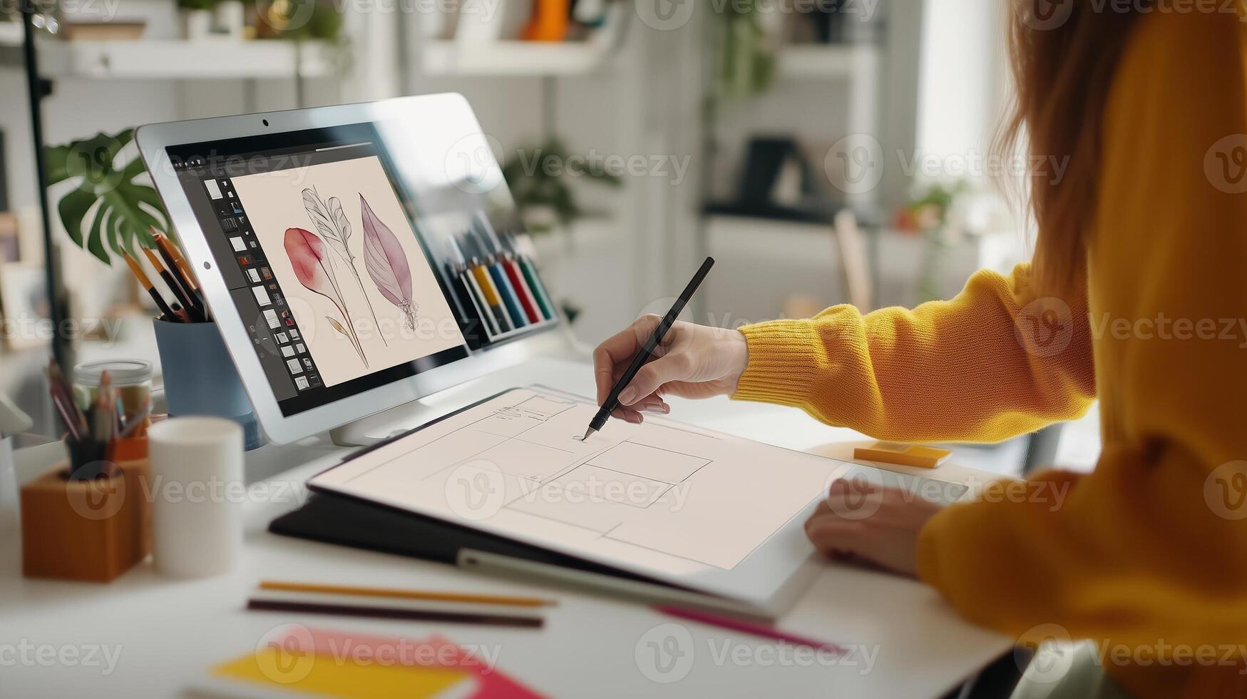 Creative artist illustrating floral designs using digital tools in a modern workspace on a bright sunny day photo