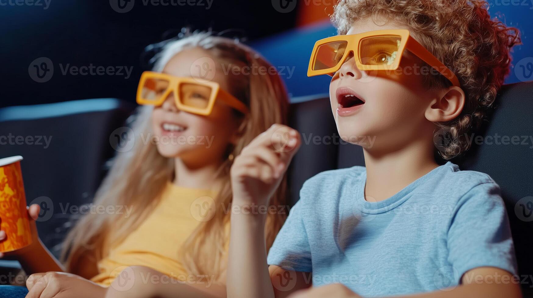 Children enjoying a thrilling 3D movie experience in a modern cinema with colorful glasses in the afternoon photo