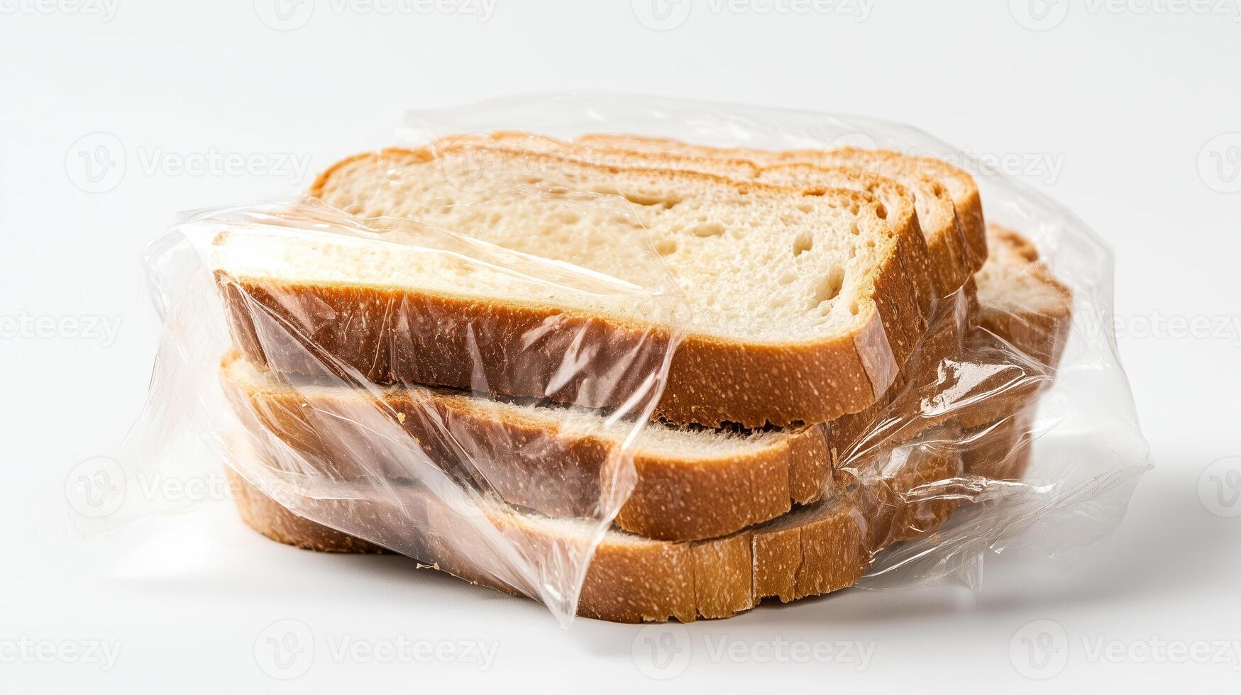 Slices of fresh bread wrapped in plastic resting on a white surface ready for sandwiches or toast photo