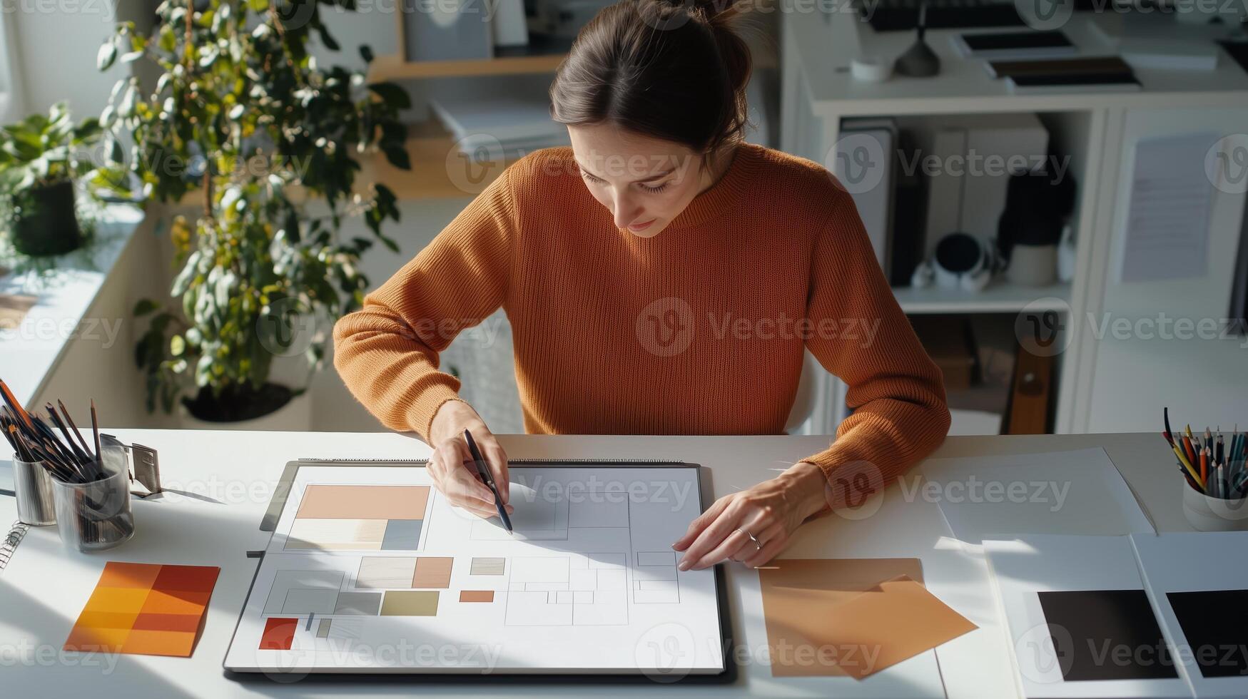 A designer creating layout plans in a bright studio filled with plants and design materials in the early afternoon photo