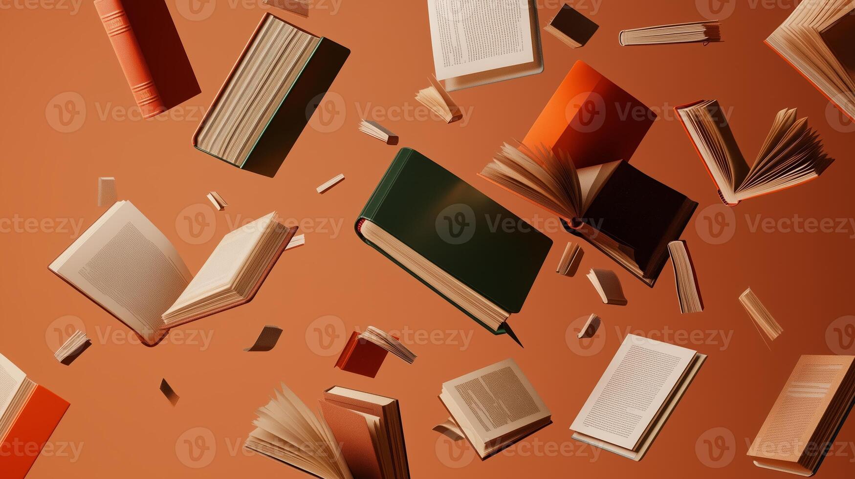 Floating books in mid-air against a warm orange background create a whimsical and imaginative literary atmosphere photo