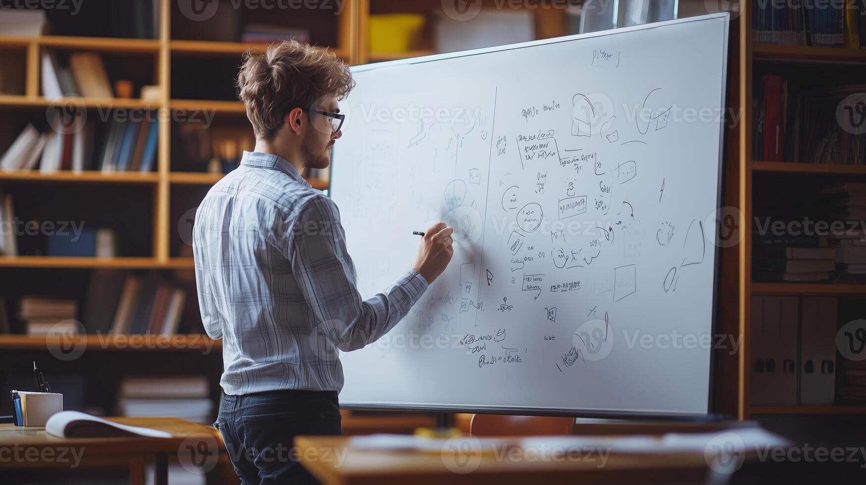 A young man sketches ideas on a whiteboard in a library during a creative brainstorming session early in the morning photo
