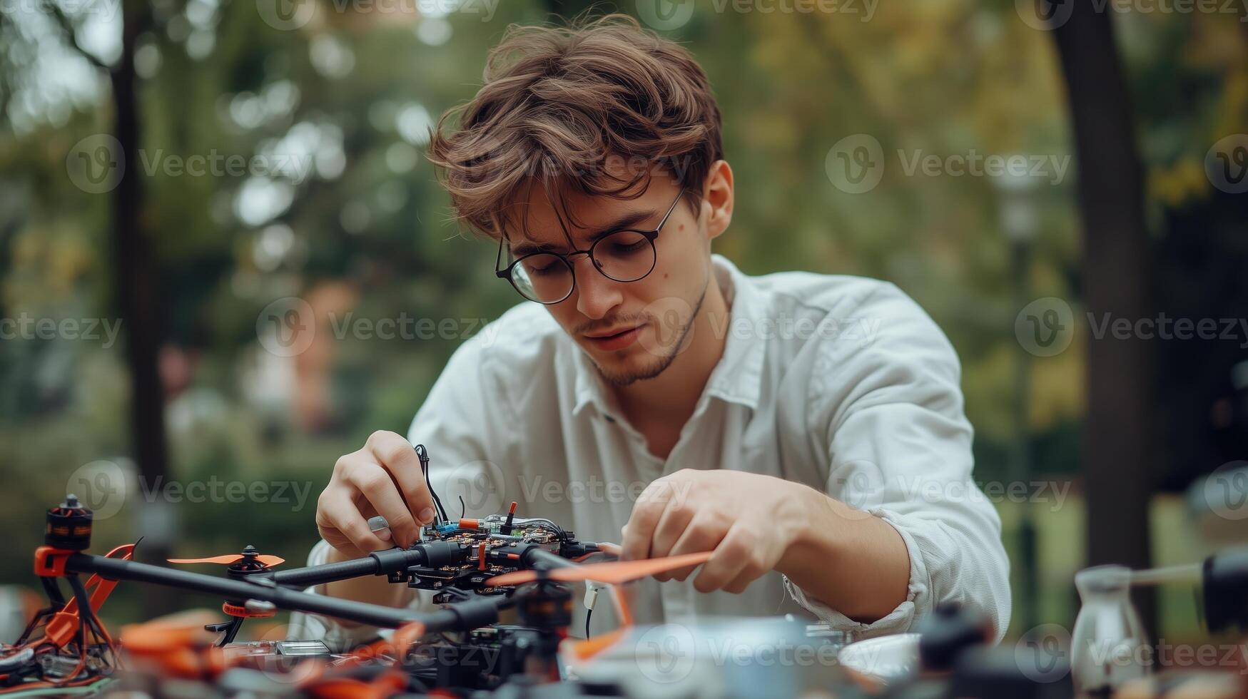 Young man assembling a drone outdoors in a park on a sunny day, engaged in a detailed hobby project focused on technology photo