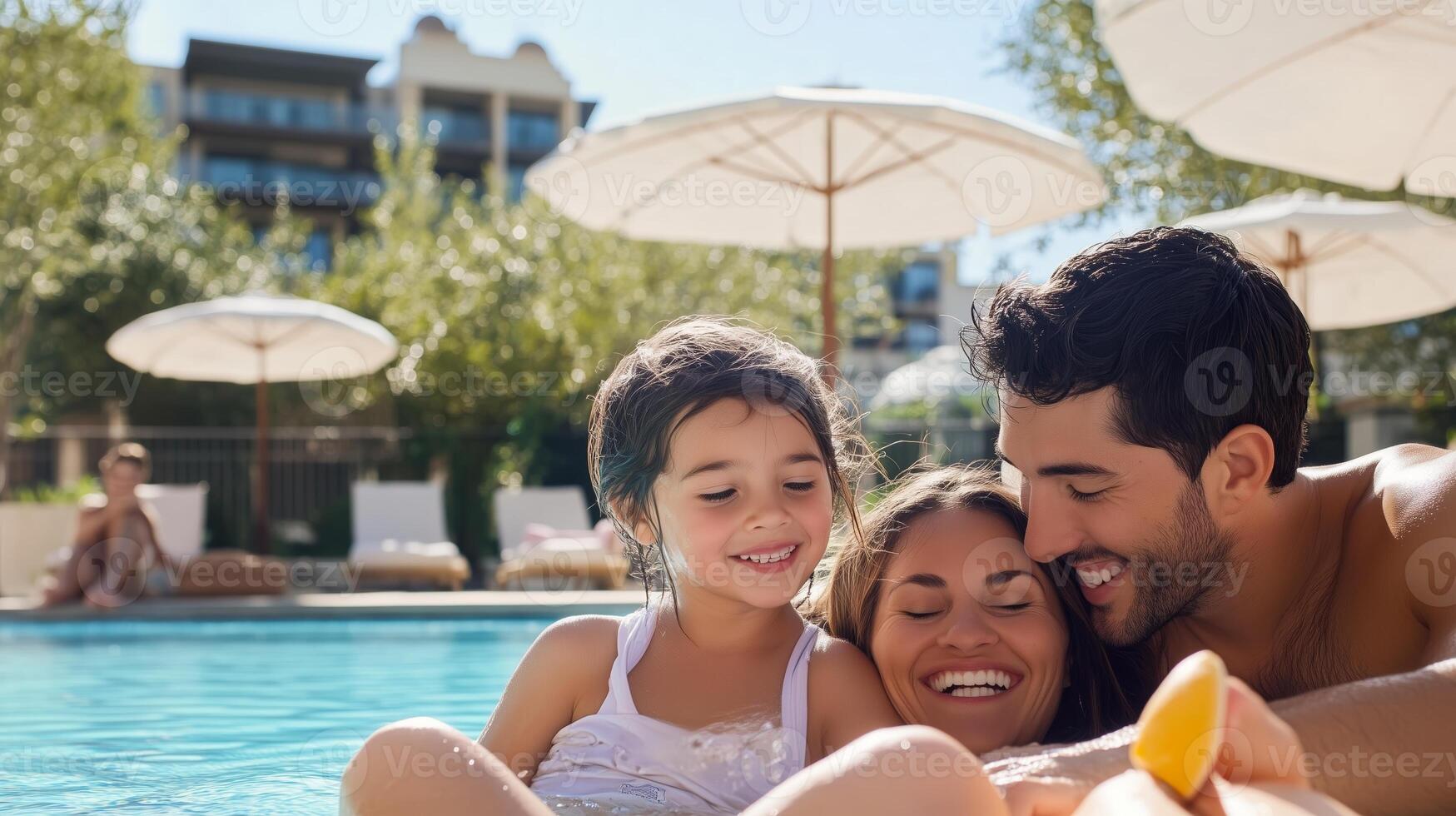 Family enjoying a sunny day at the pool with laughter and fun in a lively resort environment in the summer photo