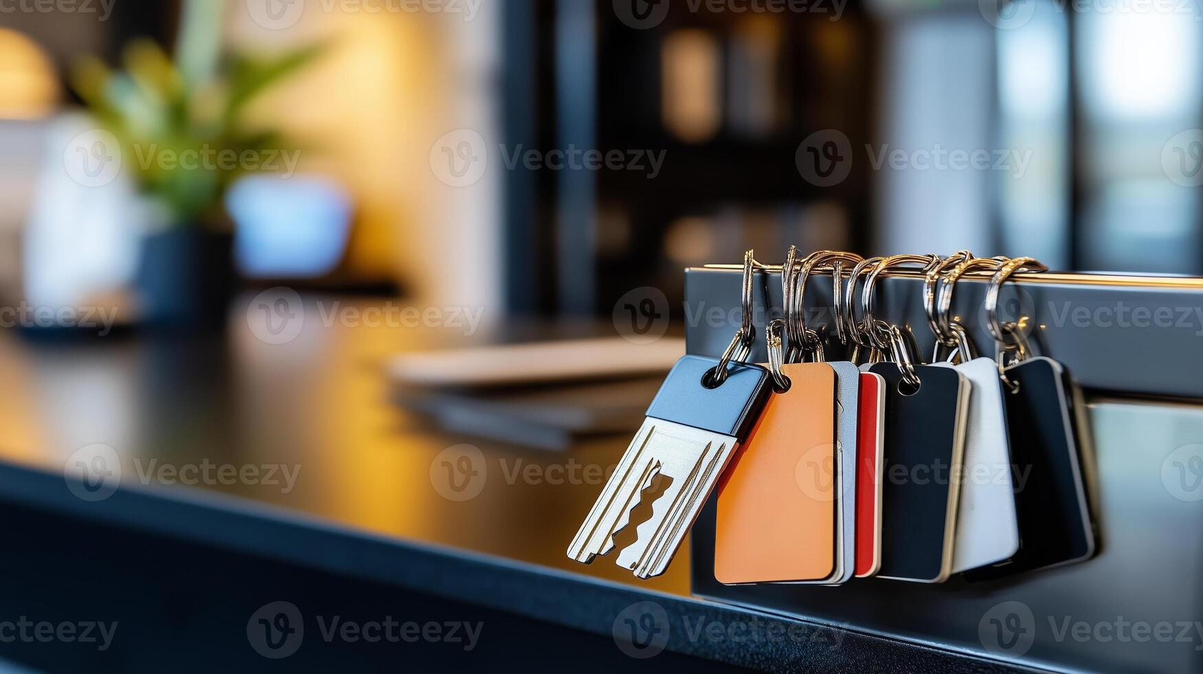 Keys hanging on a rack at a modern reception desk in a stylish hotel lobby during daytime photo