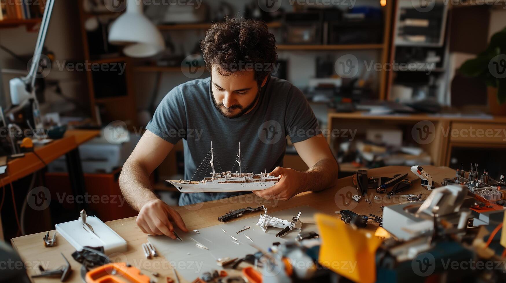 A man carefully assembling a detailed ship model in a cluttered workshop filled with tools and materials during the afternoon photo