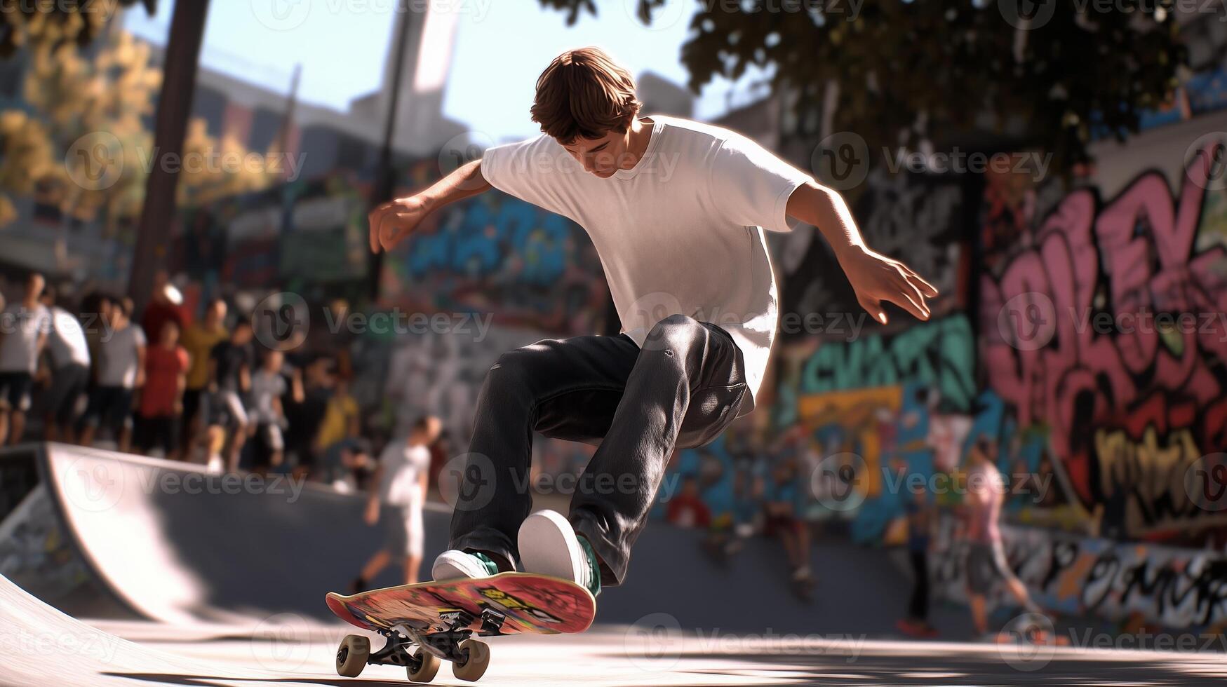 A teenager performs a skateboard trick at a vibrant urban skate park during the afternoon in a lively city atmosphere photo