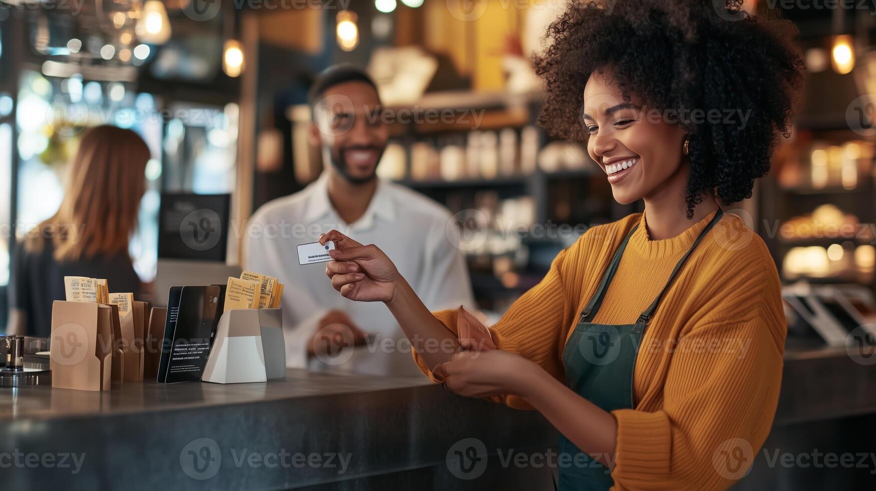 Customer at a coffee shop happily making a purchase while baristas serve drinks and snacks in a cozy atmosphere photo