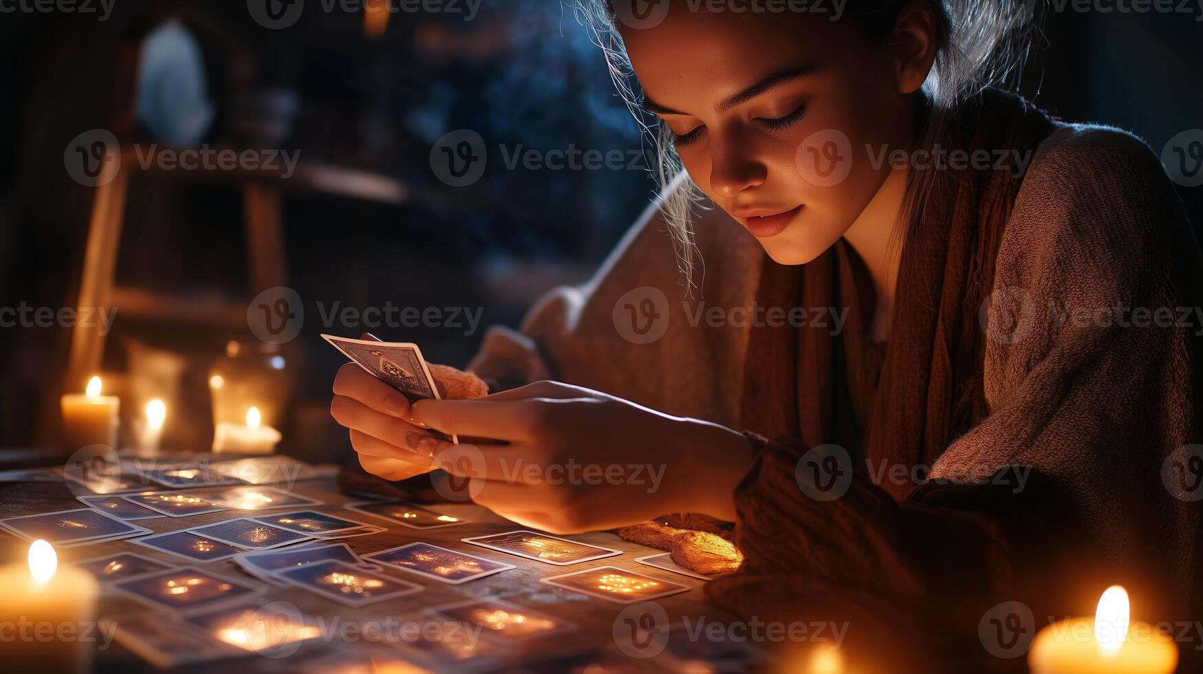 A young woman reading tarot cards surrounded by flickering candles in a dimly lit room at night photo