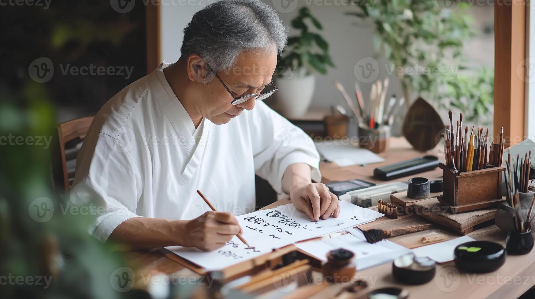 An elderly artist practicing traditional calligraphy in a serene studio filled with plants and art supplies during the afternoon photo