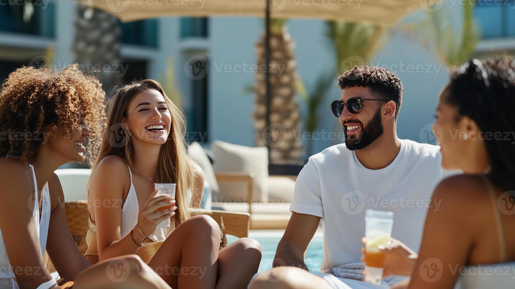 Friends enjoying a sunny poolside gathering while sipping refreshing drinks at a luxurious resort during a summer afternoon photo