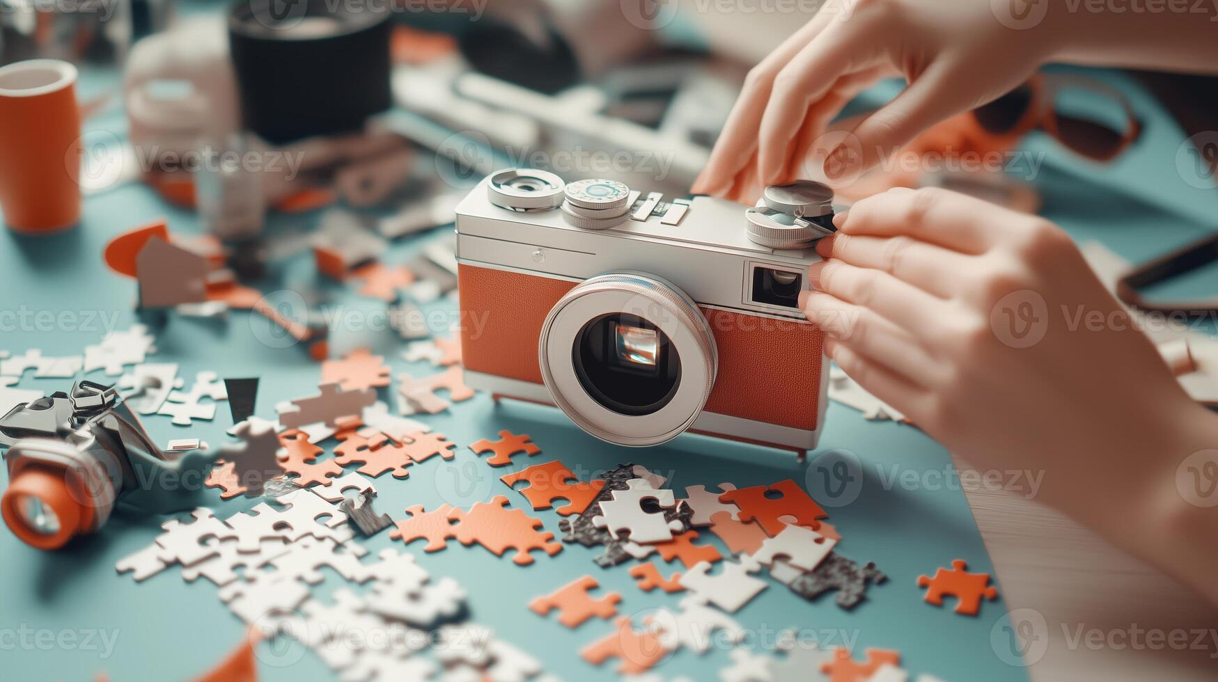 A person assembling a jigsaw puzzle while adjusting an old-fashioned camera on a colorful workspace photo