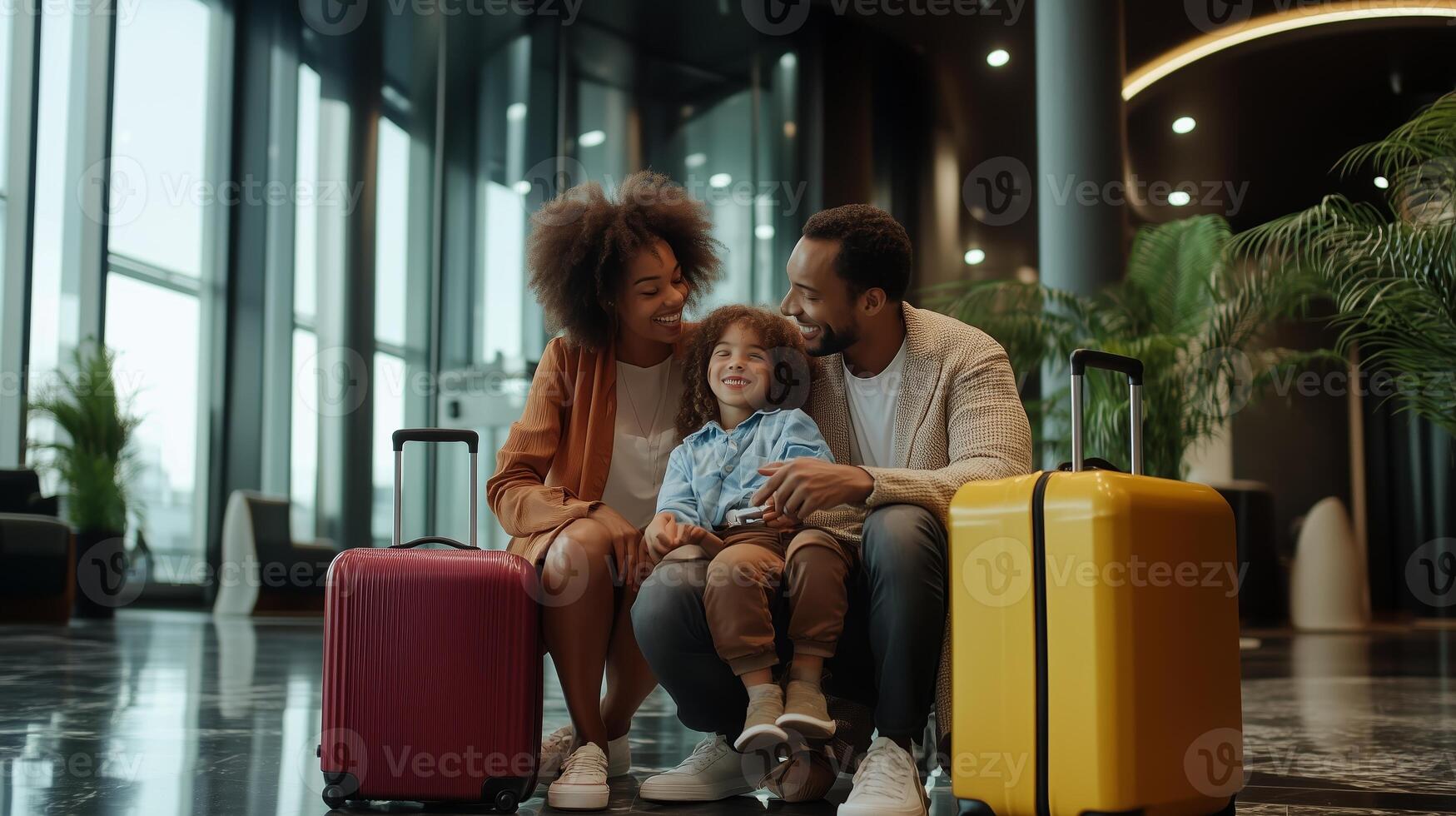 A joyful family with two suitcases enjoying quality time at the airport terminal before their travel adventure begins photo