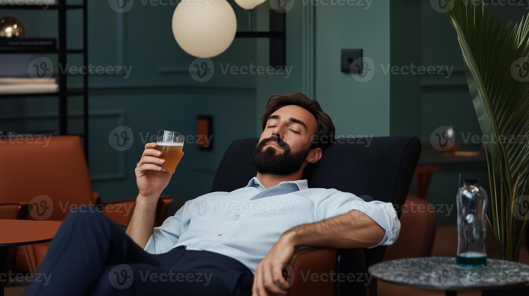 Relaxing man enjoys a drink in a stylish lounge during the evening, showcasing a tranquil atmosphere in a modern setting photo