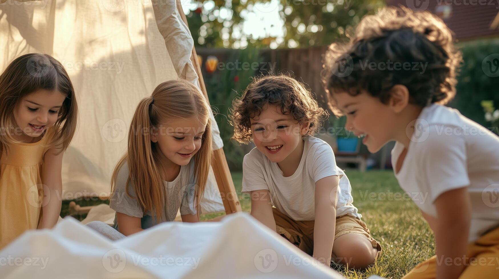 Children playing together in a sunny backyard while exploring a tent made of fabric during a summer afternoon gathering photo
