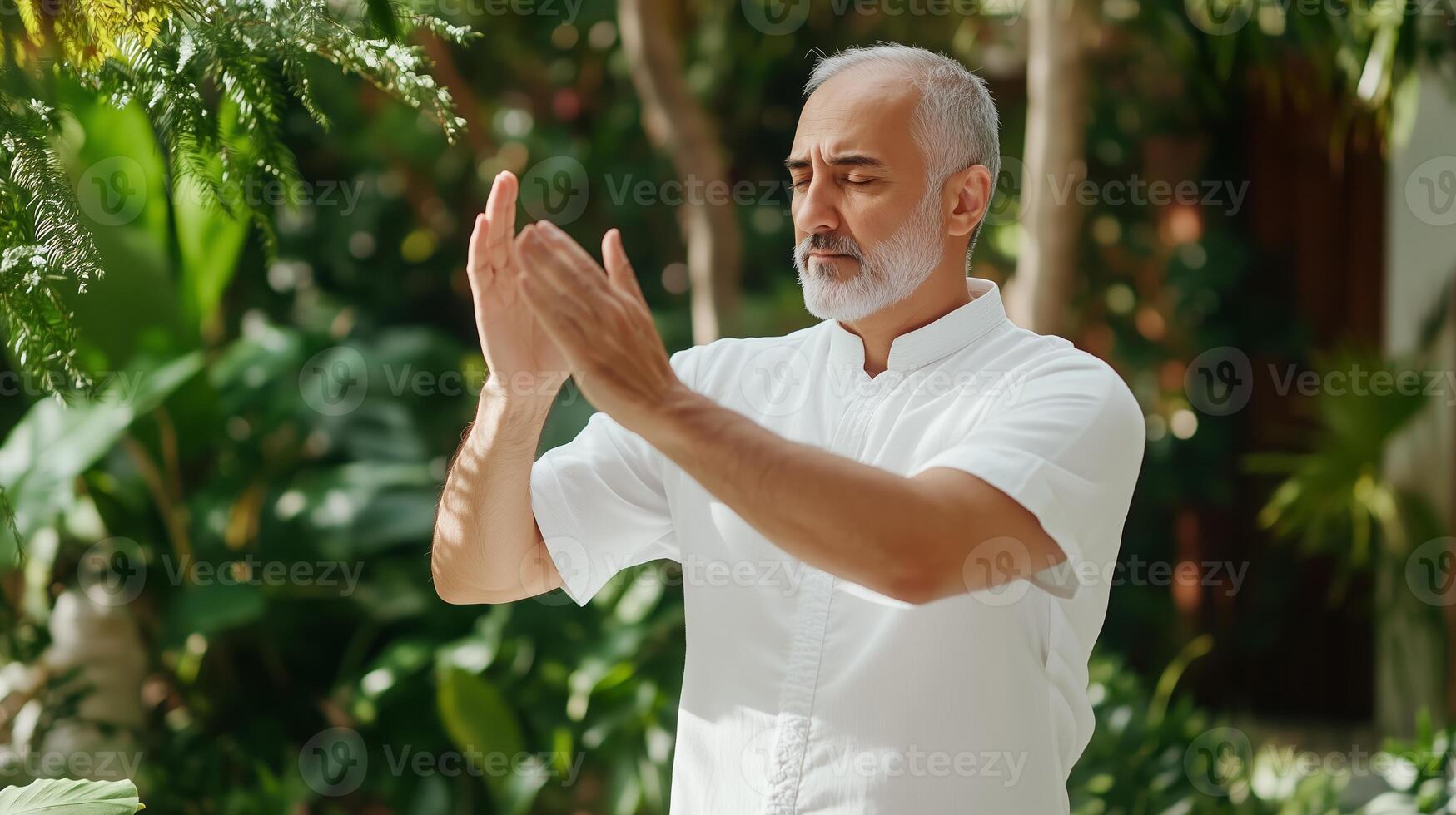 A man practicing mindfulness in a lush garden, engaged in meditation during a serene afternoon session photo