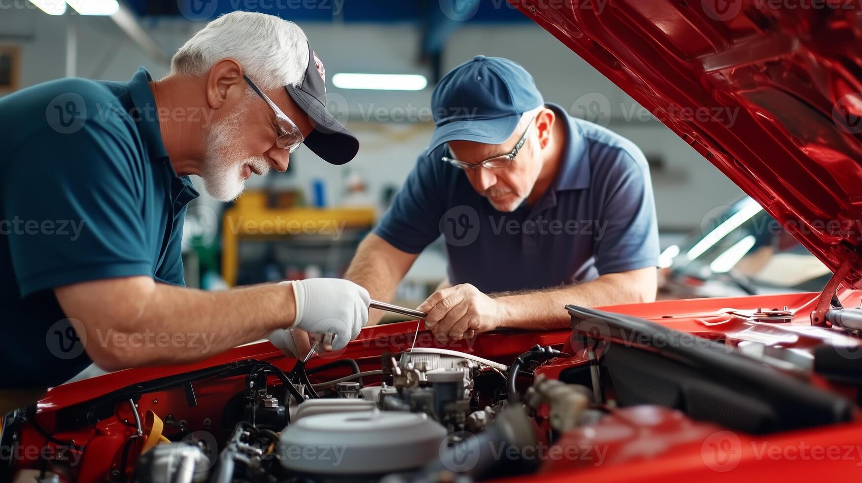 Two mechanics repairing a classic car in an automotive workshop during the afternoon with focused teamwork and tools at hand photo