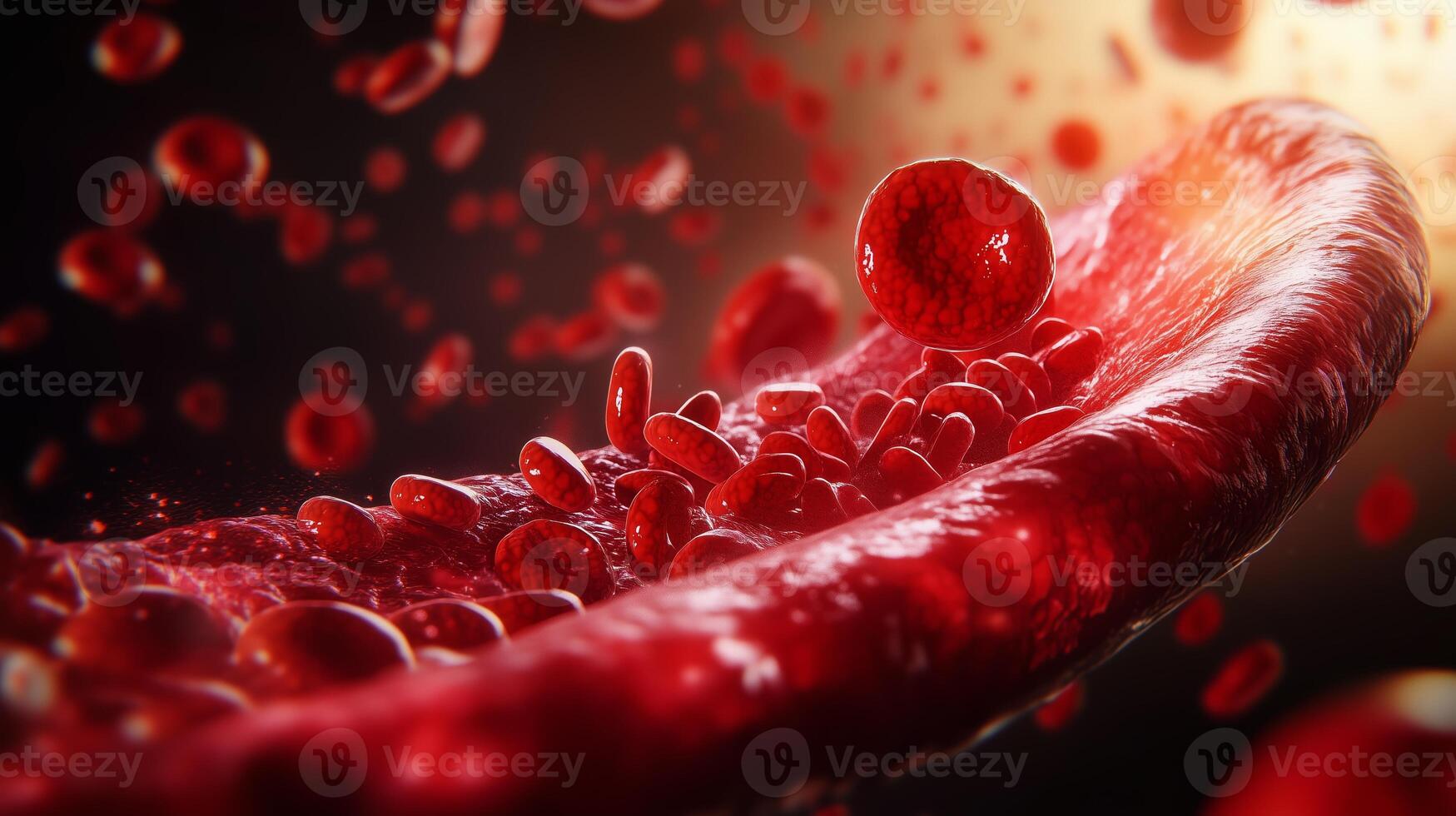 Dynamic flow of red blood cells through a blood vessel illustrating circulation at the microscopic level photo