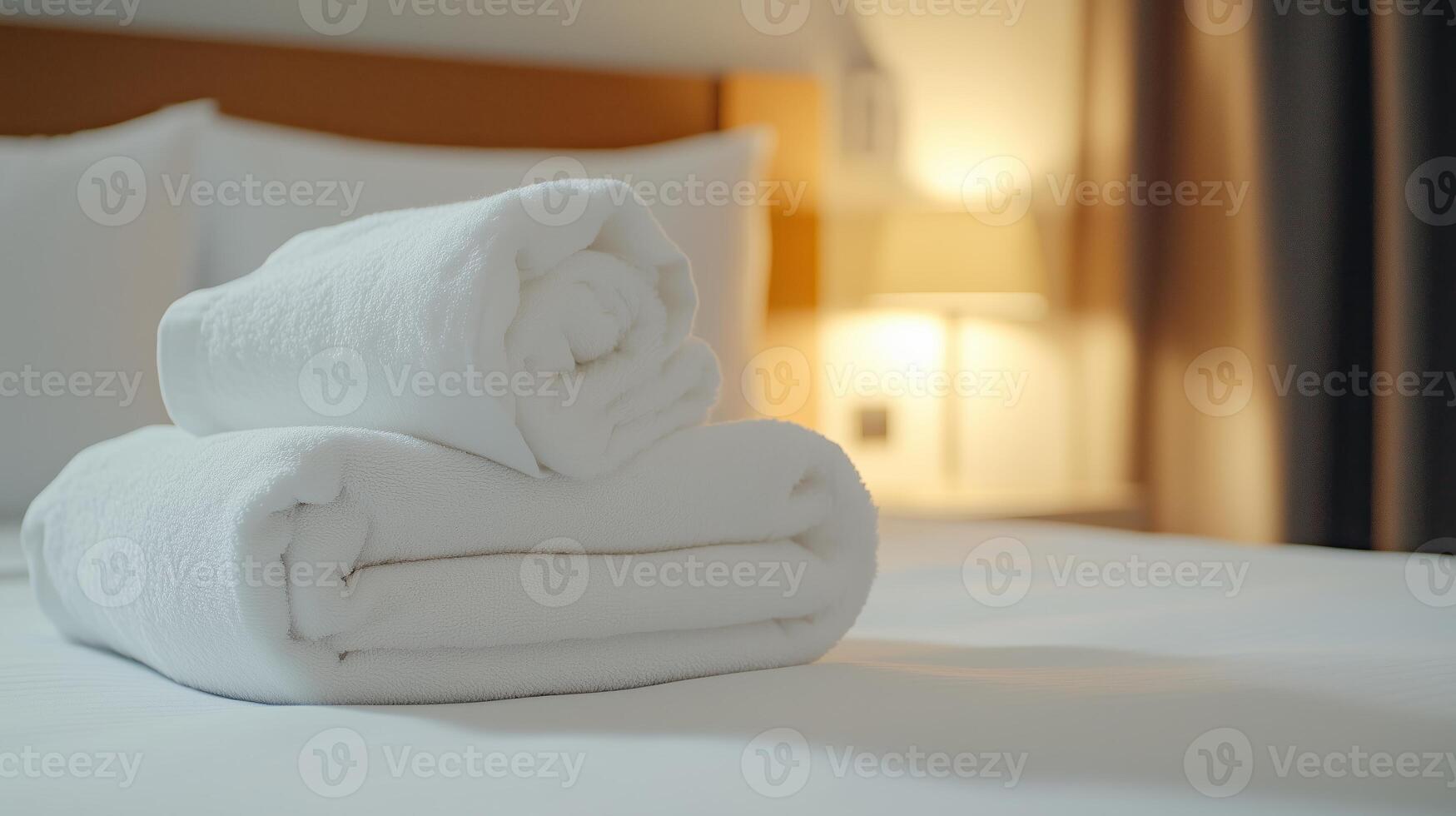 Clean white towels neatly arranged on a hotel bed beside a soft lamp in a cozy guest room, creating a welcoming atmosphere photo