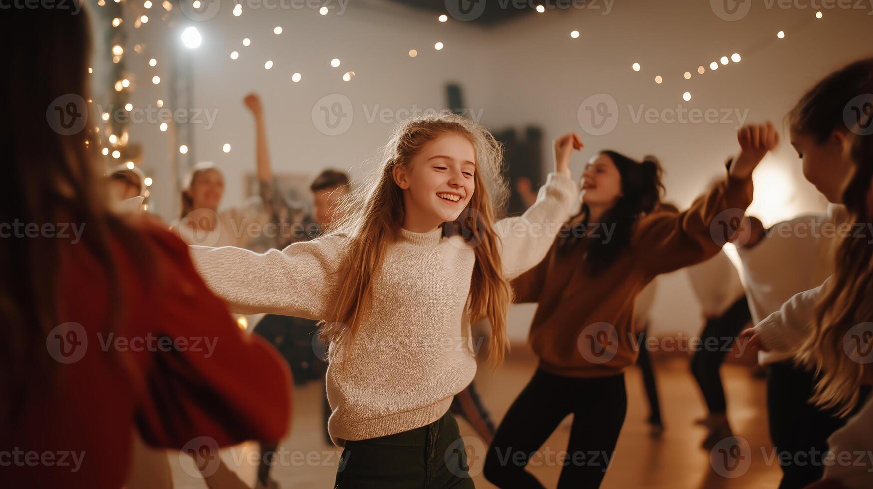Girls dancing joyfully in a warmly lit studio decorated with fairy lights during a lively evening gathering photo