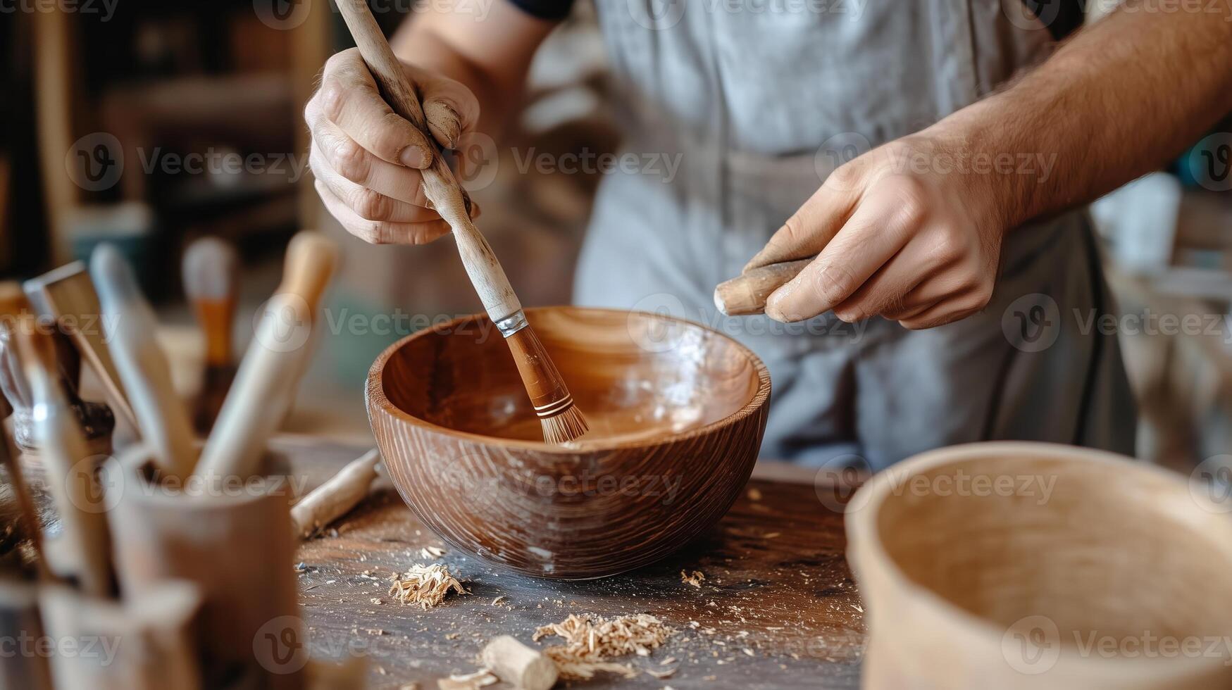 A skilled artisan crafts a wooden bowl in a rustic workshop surrounded by various tools during a bright afternoon photo