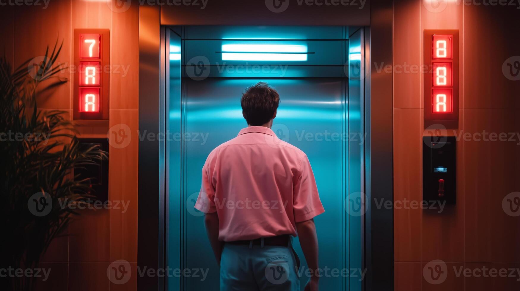 A person waits for an elevator in a dimly lit lobby with glowing directional lights in an urban setting at night photo