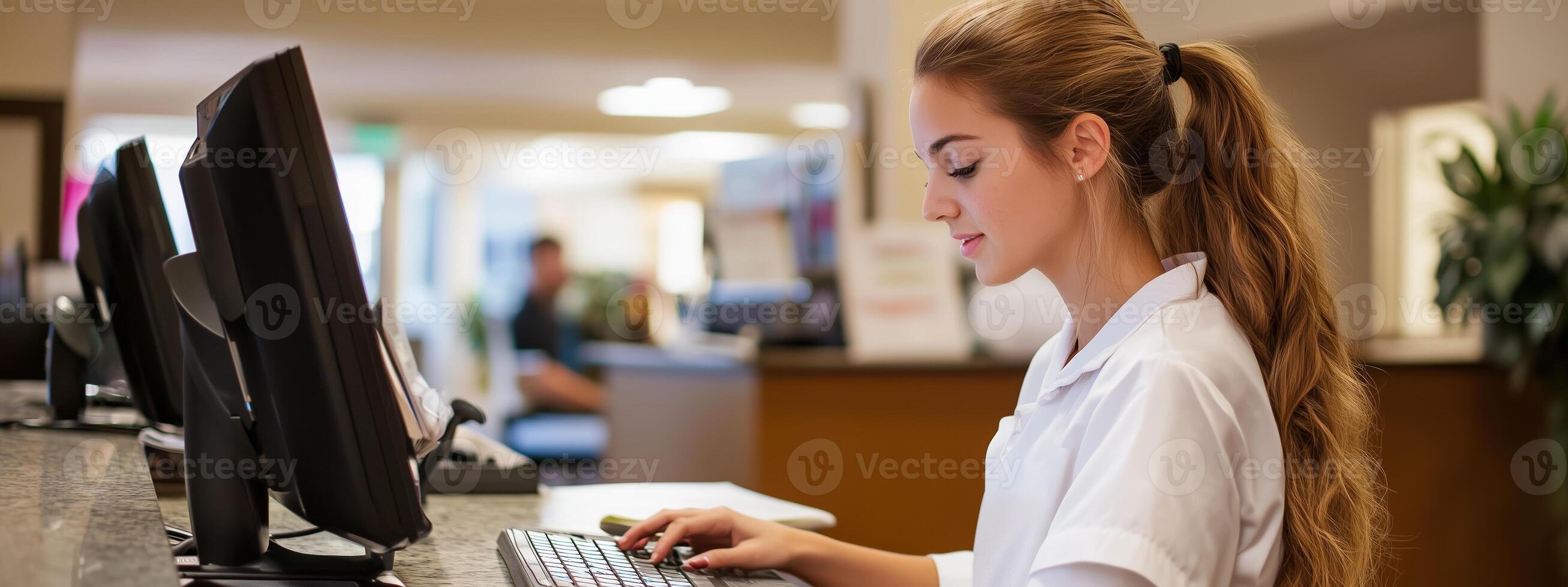 Receptionist at a busy office working diligently at the computer while providing excellent customer service during daytime hours photo
