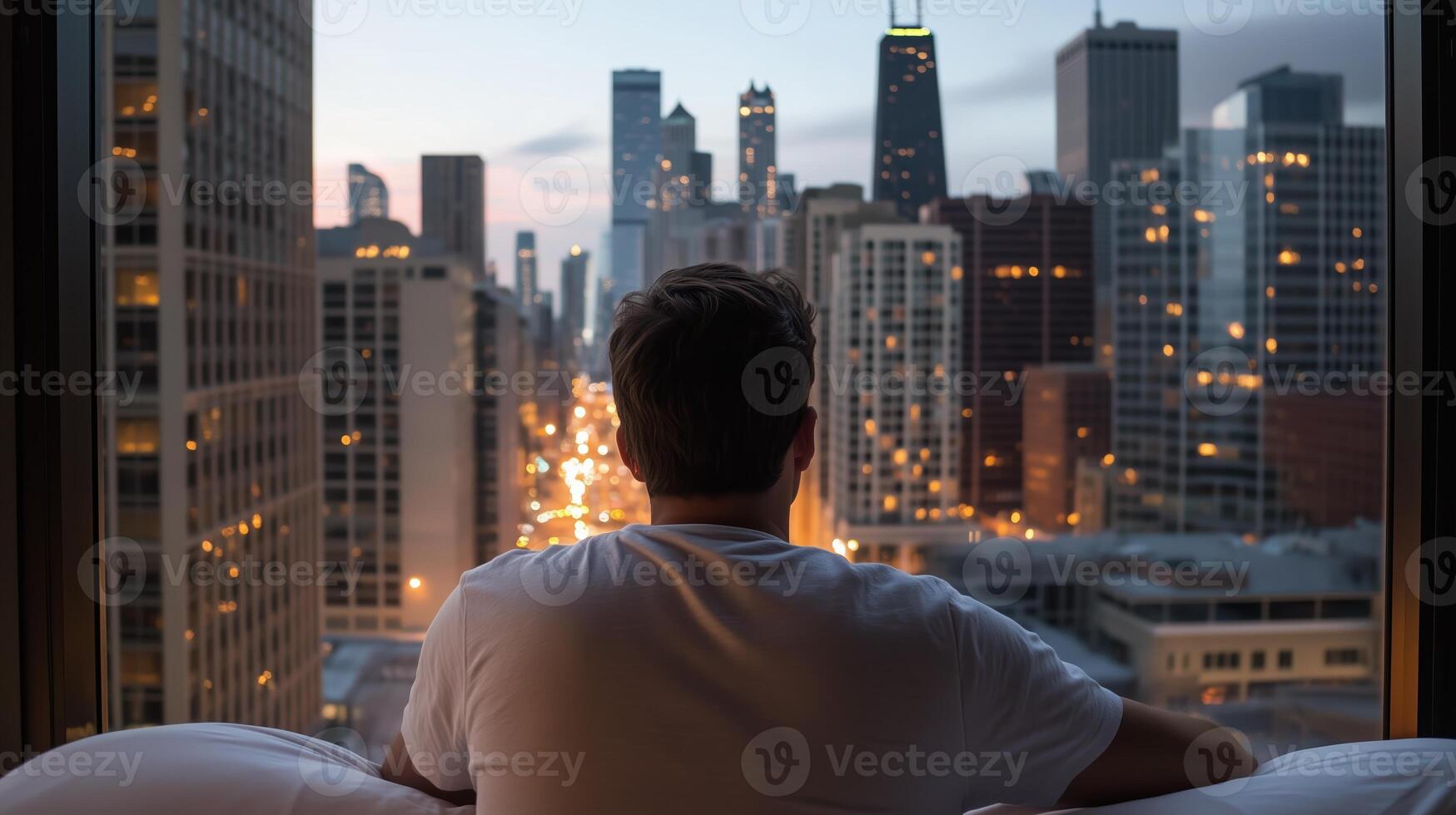 A man gazes out at the city skyline from a hotel window during twilight hours in Chicago photo
