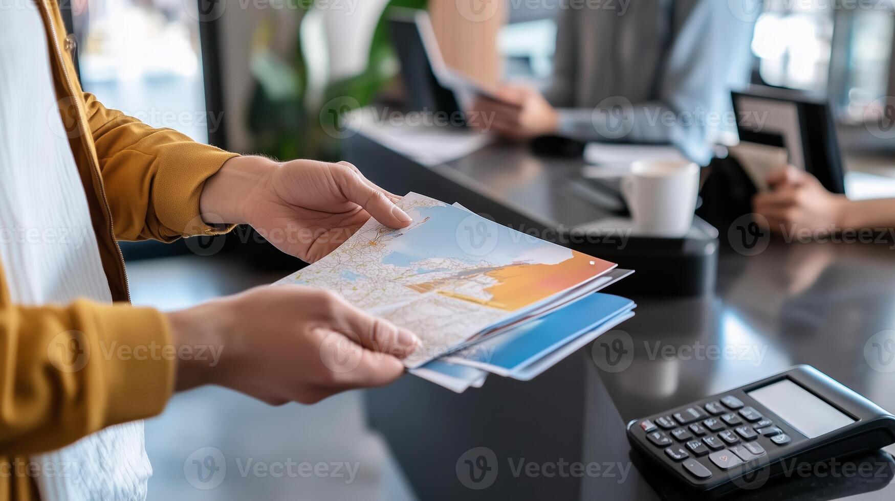 Person holding travel brochures at a reception desk while another guest waits in a cozy hotel lobby during daylight hours photo