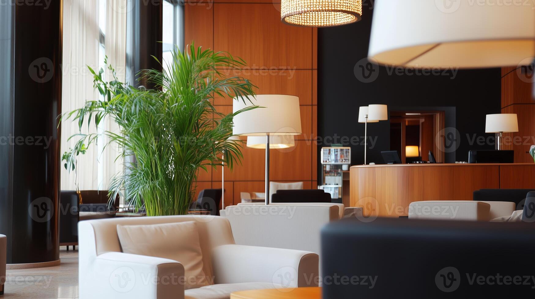 Elegant modern lounge with stylish seating and lush greenery in a hotel lobby during daylight hours photo