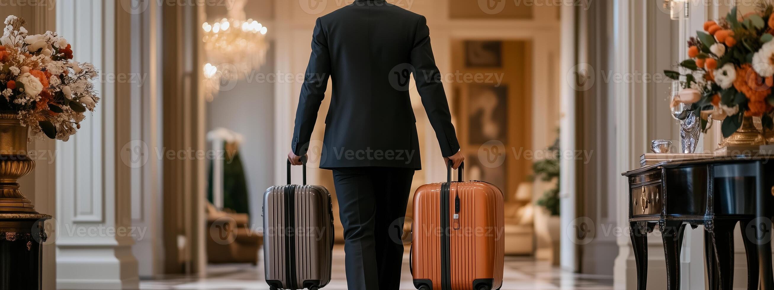 A man in a suit carrying two stylish suitcases while walking through an elegant hotel lobby filled with floral arrangements photo