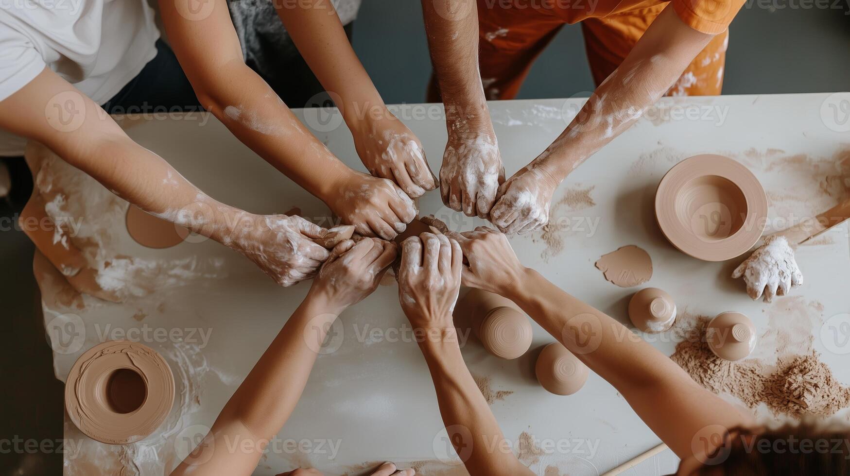 Hands engaged in pottery creation at a workshop, with clay and tools scattered on the table, showcasing artistic collaboration in progress photo