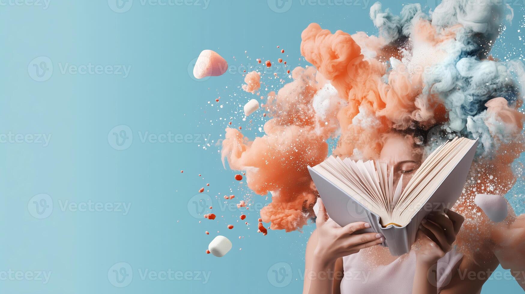 A creative explosion of colors and imagination emanates from an open book against a light blue background photo