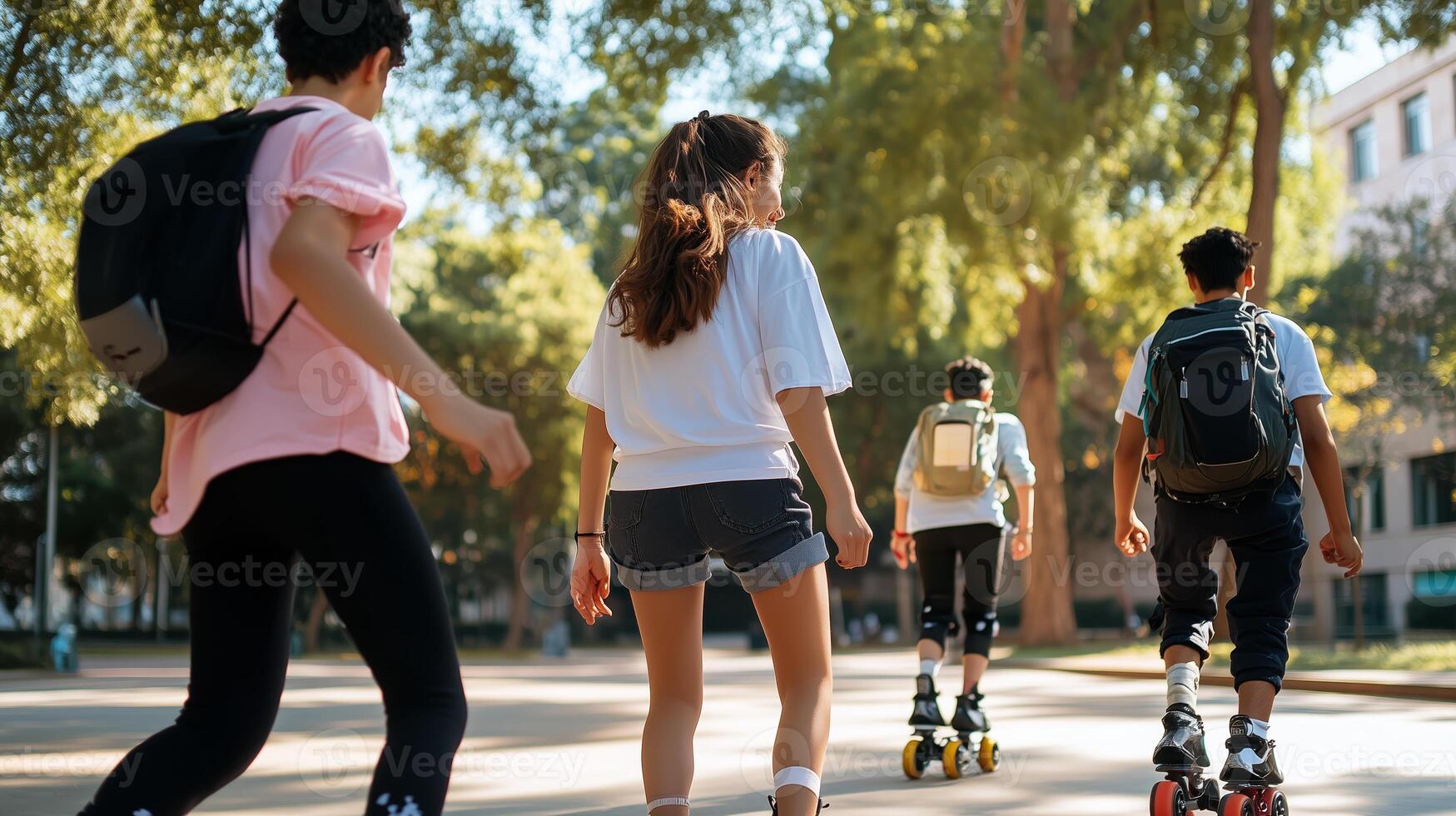 Group of young people roller skating through a park during a sunny afternoon, enjoying leisure time together and laughing photo