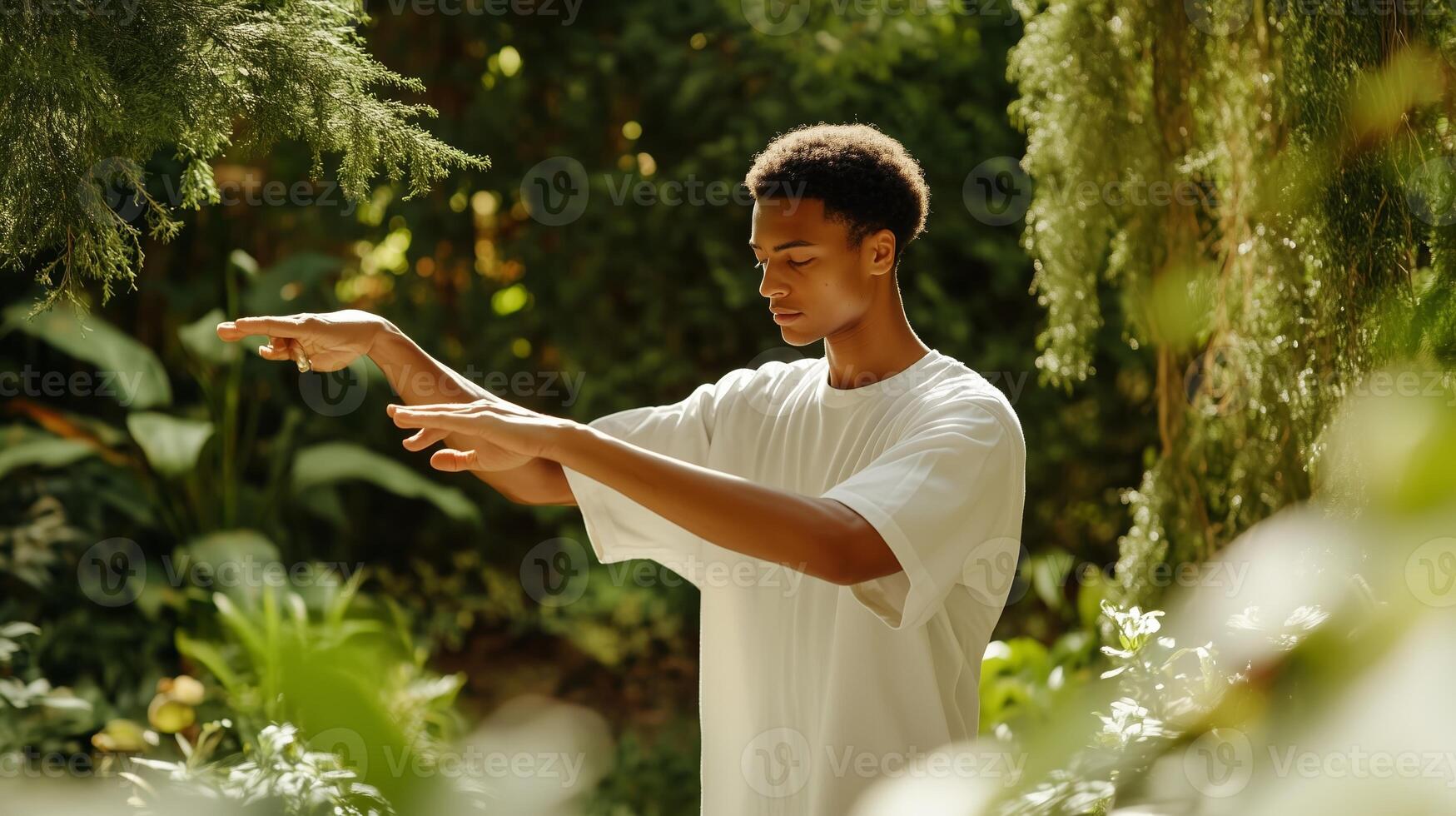 Young person practicing mindfulness in a lush garden surrounded by greenery during daylight photo